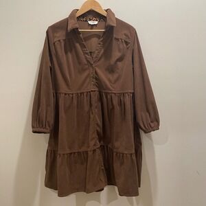 Umgee Brown Corduroy Tiered Babydoll Dress Long Sleeve Button V-Neck K7642 Large